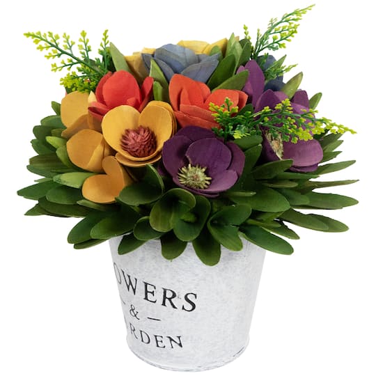 7.5" Wooden Artificial Spring Floral Arrangement with Flowers & Garden Pot